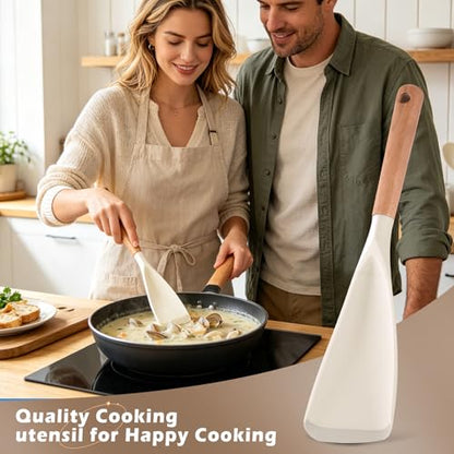 Cooking Spoon for Nonstick Cookwares, Multifunction Spatula Spoon, Great for Both Cooking and Serving, Wood Handle Spoon for Stirring, Mixing, Serving (2, WHITE) - color: White