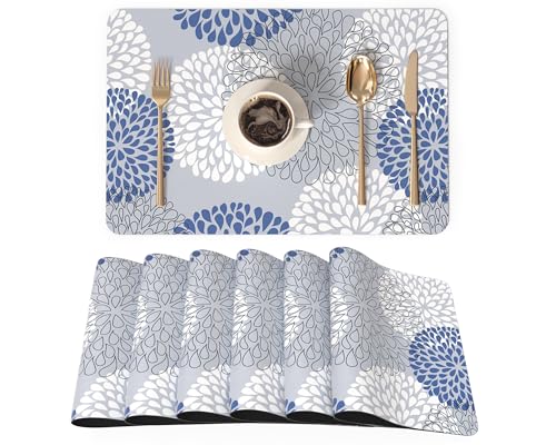 QIYI PU Leather Placemats Set of 6, 12"x18" Waterproof Table Mats, Dahlia | Faux Leather, Heat Resistant, Anti Slip, Wipeable Place Mats for Kitchen Dinning, Party Table Décor, Blue Floral Burst - color: Blue Floral Burst, size: Set of 6