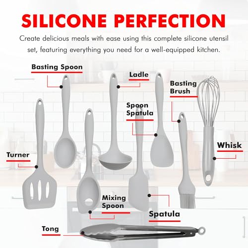 Chef Craft - Premium Silicone Kitchen Tools and Utensils Set, Non-Scratch, Withstands Temperatures up to 450°F, BPA-Free, 9 Piece Cooking Utensils Set, Gray - color: Gray, size: 9 Piece Set