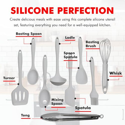 Chef Craft - Premium Silicone Kitchen Tools and Utensils Set, Non-Scratch, Withstands Temperatures up to 450°F, BPA-Free, 9 Piece Cooking Utensils Set, Gray - color: Gray, size: 9 Piece Set