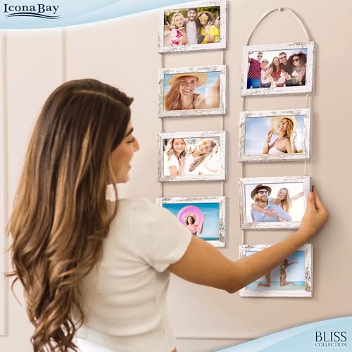 4x6 Hanging Picture Frames Collage with 8 Openings - Distressed White, 2 PK | Icona Bay casual style engineered wood frames, designed for wall hanging, space-saving photo display, Bliss collection - color: Distressed White, size: 4x6