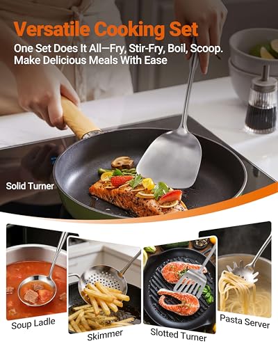 304 Stainless Steel Kitchen Utensils Set - 15PCS Long Metal Cooking Utensil Serving Utensils Set, Masher, Whisk, Turner, Serving Spoon, Fork, Tongs, Skimmer, Ladle, etc (Dishwasher Safe)