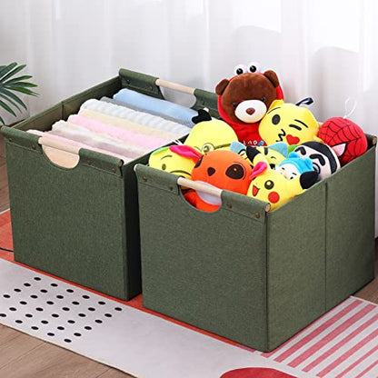 HOONEX Large Collapsible Storage Bins, Linen Fabric, Pack of 2, Storage Baskets with Wooden Carry Handles and Sturdy Heavy Cardboard, for Home, Office, Car, Nursery, Olive - color: Olive