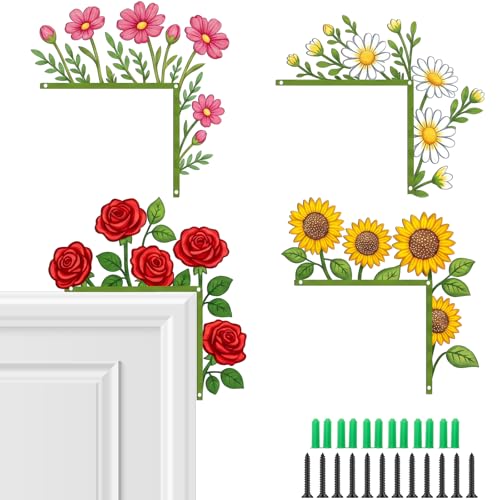 4 Pcs Door Frame Decoration Set Metal, Wall Art Decor Corner Sign Bathroom Decor for Indoor Outdoor Door Window Home Office (Flower,Multicolor) - color: Multicolor, style: Flower