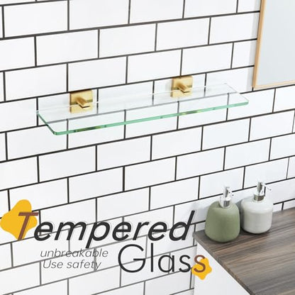 KOKOSIRI Wall Shelves 20-Inch Floating Tempered Glass Shelf Bathroom Hardware Kitchen Hanging Rack Shower Storage, Brushed Gold Stainless Steel B1107BG-L20 - color: Brushed Gold, size: 20-Inch