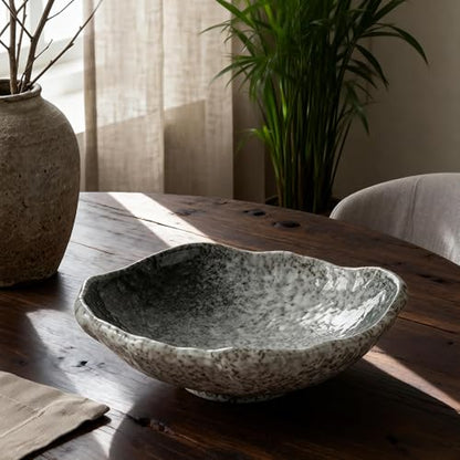 DOWAN 9.5" Wabi-Sabi Decorative Bowl, Irregular Moss Green Glazed Ceramic Catchall Bowl for Keys and Wallet, Stone Texture Centerpiece Table Bowl for Entryway, Living Room & Coffee Table Decor