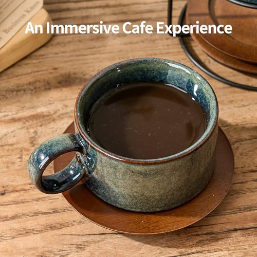 LUKA 6 Ounce Porcelain Stackable Espresso Cups with Saucers and Metal Stand Set of 4, Ceramic Cappuccino Cups Set for Specialty Coffee Drinks, Latte, Cafe Mocha and Tea, Kiln Tide Glaze - color: Kiln Tide Glaze
