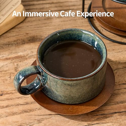 LUKA 6 Ounce Porcelain Stackable Espresso Cups with Saucers and Metal Stand Set of 4, Ceramic Cappuccino Cups Set for Specialty Coffee Drinks, Latte, Cafe Mocha and Tea, Kiln Tide Glaze - color: Kiln Tide Glaze