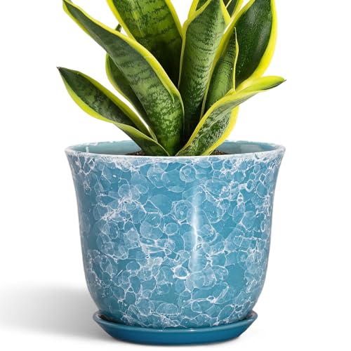 8 Inch Plant Pot - Ceramic Planter with Drainage Hole and Saucer, Round Planter for Indoor Outdoor, Modern Planter, Decorative Flower Pot, Apartment Garden Home Decor, Gardening Gifts, Blue - color: Gemstone Blue, size: 8 Inch