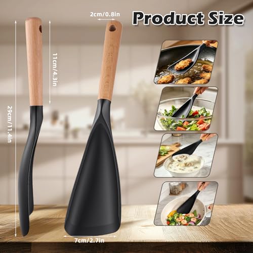 Cooking Spoon for Nonstick Cookwares, Multifunction Spatula Spoon, Great for Both Cooking and Serving, Wood Handle Spoon for Stirring, Mixing, Serving (2, BLACK) - color: Black