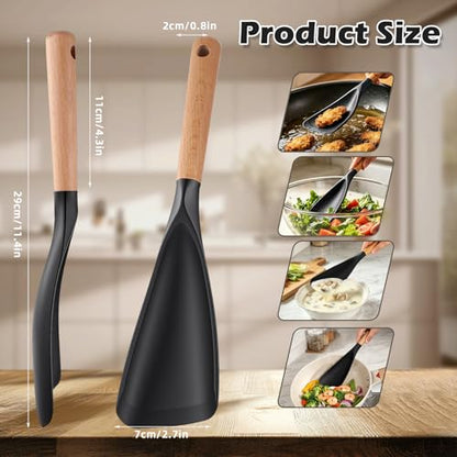 Cooking Spoon for Nonstick Cookwares, Multifunction Spatula Spoon, Great for Both Cooking and Serving, Wood Handle Spoon for Stirring, Mixing, Serving (2, BLACK) - color: Black