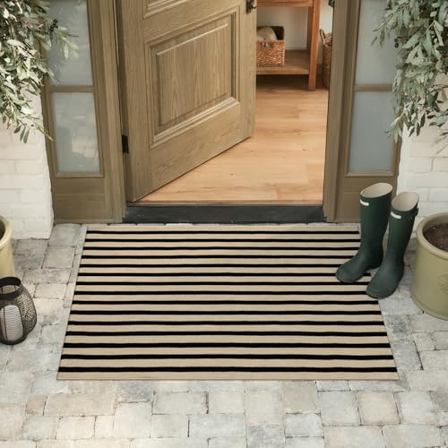 KIMODE Front Door Mats Outdoor Fall Front Porch Rug Welcome Doormats | 27.5"X43", Black and Khaki,Striped,Farmhouse,Fall Outdoor Porch Decor,Washable,Cotton Hand Woven,Rugs for Entryway Autumn - color: Black/Khaki Stripes, size: 2'4" x 3'7" (Rectangular)