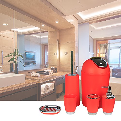 Bathroom Accessories Set, 6-Piece Plastic Gift Set, Toothbrush Holder, Toothbrush Cup, Soap Dispenser, Soap Dish, Toilet Brush Holder, Trash Can (RED) - color: Red