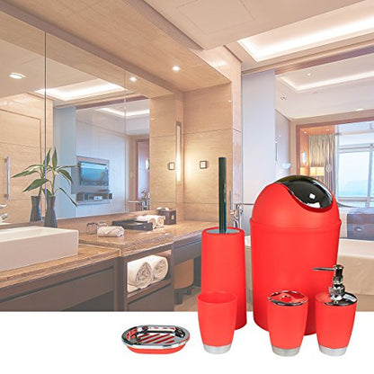 Bathroom Accessories Set, 6-Piece Plastic Gift Set, Toothbrush Holder, Toothbrush Cup, Soap Dispenser, Soap Dish, Toilet Brush Holder, Trash Can (RED) - color: Red