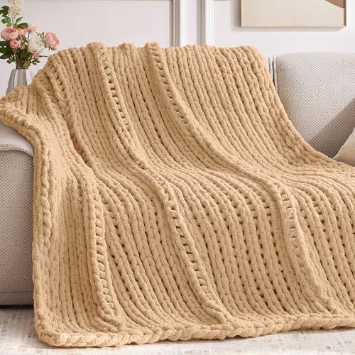 Negwoo Chunky Knit Throw Blanket, Knitted Throw Chenille Yarn, 30"*40" | Soft Thick Cable Knitted Blankets, Handmade Big Thick Blanket, Machine Washable Cute Comfy Blanket for Home Decor, Beige - color: Beige, size: 30"x40"
