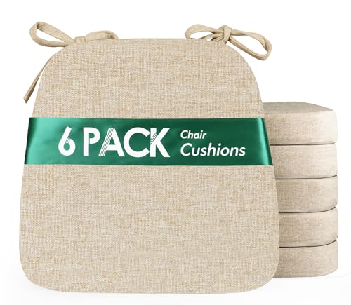 kingphenix Chair Cushions for Dining Chairs, Set of 6, 2.5 Inches Thick | High-Density Foam Kitchen Chair Cushions with Ties, Non-Slip Bottom and Removable Machine-Washable Covers, 17 x 16 in, Beige - color: Beige, size: 6 Count(Pack of 1)