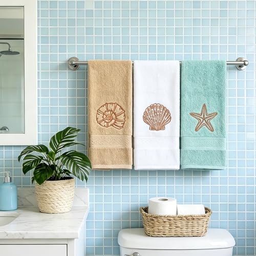 JarThenaAMCS 3Pcs Coastal Hand Towels Cotton Embroidered Bathroom Towel Ocean Beach Starfish Seashell Conch Decorative Dish Towel for Summer Holiday Home Bathroom Kitchen Decor
