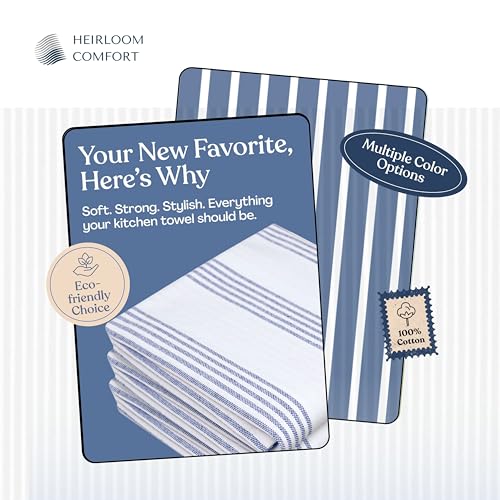 Indigo Blue Stripe Kitchen Towels, 3 Pack, 100% Cotton, Super Absorbent and Quick Dry, Multi Pin Striped Towel Set, Durable Dish Cloths for Kitchen Use, Cleaning & Drying Dishes - color: Indigo Blue, style: 3 Pack