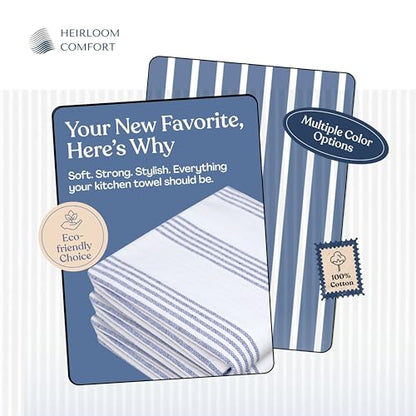 Indigo Blue Stripe Kitchen Towels, 3 Pack, 100% Cotton, Super Absorbent and Quick Dry, Multi Pin Striped Towel Set, Durable Dish Cloths for Kitchen Use, Cleaning & Drying Dishes - color: Indigo Blue, style: 3 Pack