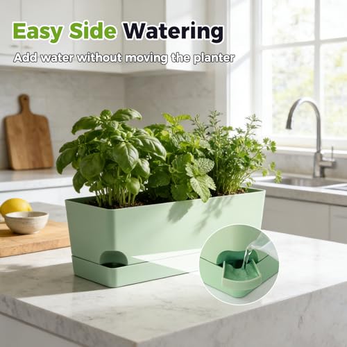 2 Pack Self Watering Pots for Indoor Plants 17 Inches Window Boxes Planters Rectangular Flower Pots Rectangle Herb Pots Large Plant Pots with Drainage Holes and Saucers Windowsill Planter, Green - color: Green