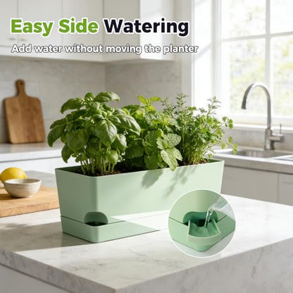2 Pack Self Watering Pots for Indoor Plants 17 Inches Window Boxes Planters Rectangular Flower Pots Rectangle Herb Pots Large Plant Pots with Drainage Holes and Saucers Windowsill Planter, Green - color: Green