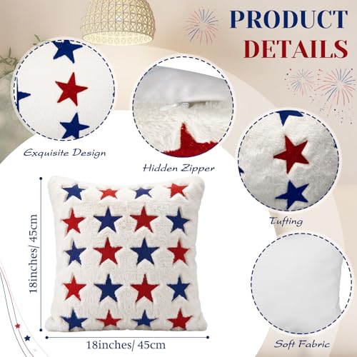 Tiamon 4 Pcs Patriotic 4th of July Throw Pillow Covers 18 x 18 Inch USA Flag American Plush 3D Embroidered Pillow Cases Red White Blue Stars Cushion Covers for Independence Day Decor Sofa Bed Home - style: Patriotic Star