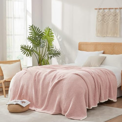 Snuggle Sac Pink Waffle Bedding Blankets Queen Size 90x90 inches, Reversible Microfiber Fluffy Fuzzy Soft Throw Cozy Knit Blanket for Women Mothers Birthday Gifts - color: Waffle Soft Pink, size: Queen(90"x90")