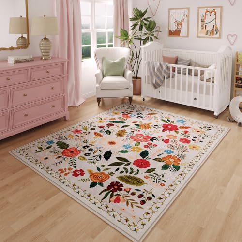 Rugcomf Bedroom Rug 3x5 Rug Washable Area Rug Non Slip Low Pile Boho Floral Small Carpet for Bedroom, Bedside, Kitchen, Entryway, Kids Room, Office, College Dorm Essentials for Girls(Beige) - color: Beige, size: 3' x 5' (Rectangular)