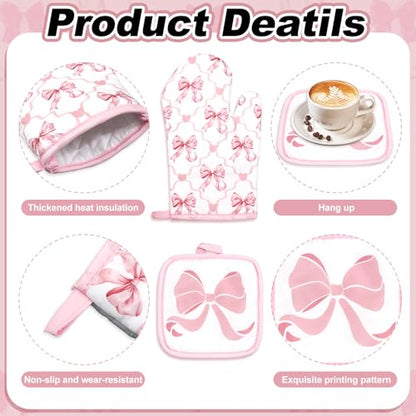JarThenaAMCS 10Pcs Pink Bow Kitchen Dish Towels Rugs Oven Mitts and Pot Holders Set Farmhouse Kitchen Decor Set for Women Mom Daughter Gift Cooking Baking Home Housewarming Party Favors Supplies