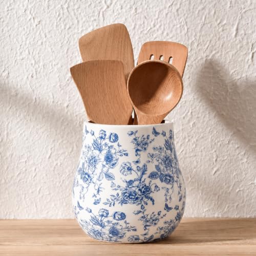 Blue Floral Ceramic Utensil Holder for Kitchen Counter 6.3" Chinoiserie Floral Rustic Utensil Crock for Home Kitchen Countertop Storage Organizer Container - color: Blue