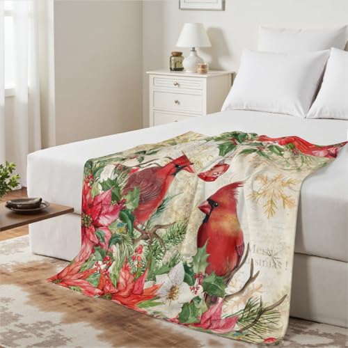 Christma Red Bird Throw Blanket 50 x 60 Inch Winter Floral Red Poinsettias Lightweight Soft Cozy Flannel Blanket Xmas Holiday Reversible Fuzzy Blanket for Gift Home Bed Sofa Couch Chair - color: Red Bird, size: 60 x 50 inches