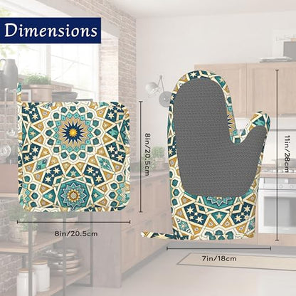 Mandela Geometric Oven Mitts and Pot Holders Sets of 4 Boho Abstract Heat Resistant Silicone Oven Mits Gloves Non-Slip Kitchen Mittens Potholders for Cooking Baking Grilling BBQ - color: Mandela Geometric,boho Abstract