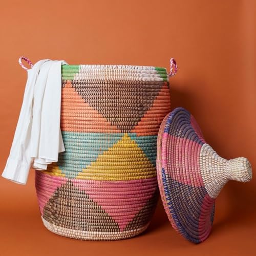 Large Decorative Wicker Storage Basket with Lid, Laundry Hamper, Blanket Storage, Toys Bin, Clothes Holder, Boho Style, 18" Wide, 23" Tall (Colorful Triangles) - color: Colorful Triangles