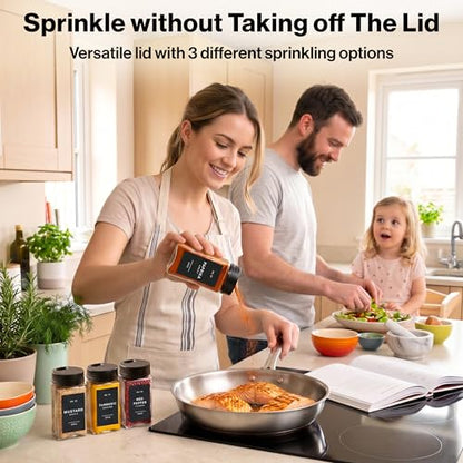 Glass Spice Jars with Labels & Black Rotating Lids – 12 Large Square Airtight Containers 6.7 oz / 200ml with Shaker Inserts, Funnel & 160 Waterproof Labels for Kitchen Pantry Organization