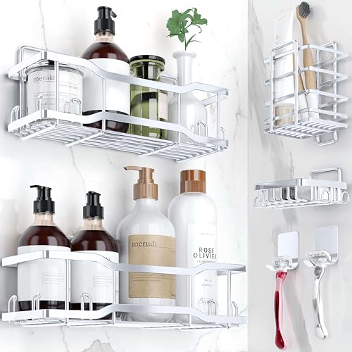 Shower Caddy Bathroom Shelves, The Athena Silken 4 Set, 40LB Capacity, Adhesive Tape -No Drill -Rustproof -Gorgeous Powder Coated 304 Stainless Steel Shower Organizer for kitchen & Home Decor - White - color: White
