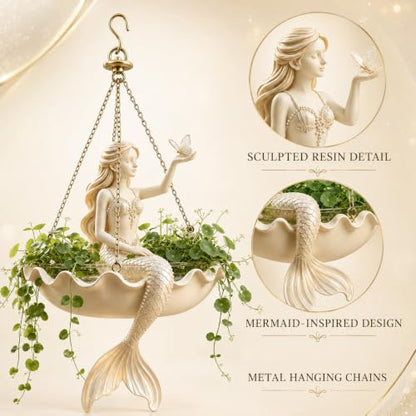 Ballet Dancer Hanging Planter, Resin Ballerina Flower Pot with Metal Chains, Small Hanging Basket for Succulents Ivy Spider Plants, Dance Teacher Appreciation Gift，Mermaid with Butterfly - color: Mermaid With Butterfly