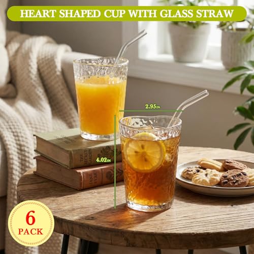 Skylety 6 Sets Heart Shaped Glass Tumbler with Straw Cute Drinking Cup Shot Glass for Juice Beer Cocktail Whiskey Summer Drinkware for Party Home Bar Club Restaurant Supplies, 5 oz(Hammered) - style: Hammered