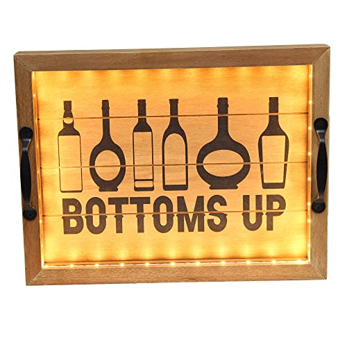 Elegant Designs HG2032-NBU Salento Farmhouse Rectangle Decorative LED Light Up Wooden Serving Tray w Black Metal Handles & Bottoms Up in Black for Décor, Centerpiece, Breakfast, Coffee,Bar, Natural - color: Natural Wood/Black "Bottoms Up", size: 15.5" x 1