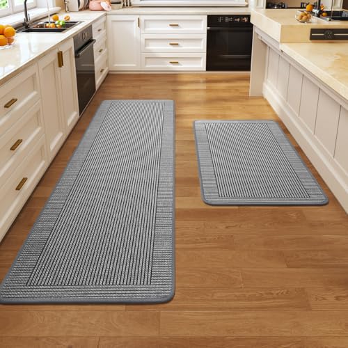 Kitchen Rugs Set of 2, Kitchen Mats for Floor,17x30+17x59 Grey | Kitchen Runner Rugs Non Slip Washable, Absorbent Braided Kitchen Floor Mat 2PCS, Sink Rug, Easy to Clean - color: A Linear Grey, size: 17''x30''+17''x59''