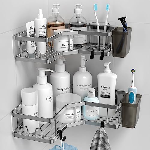 Corner Shower Caddy Bathroom Organizer: AKTECKE 2 Pack Adhesive Shelf Decor- No Drilling Stainless Steel Storage Rack with Hooks and Toothpaste Holder - Accessories Stuff - color: gray, size: 9.6"×9.6"×2.6"