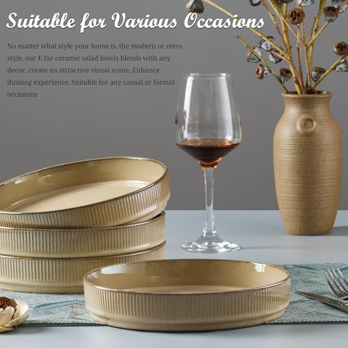 E-far Pasta Bowls Set of 4, 35oz Large Salad Bowl Plate for Dinner Serving, Wide & Shallow Ceramic Stoneware Pasta Plate, Microwave & Dishwasher Safe, Reactive Glaze Textured Stripe, Caramel Khaki - color: Caramel Khaki