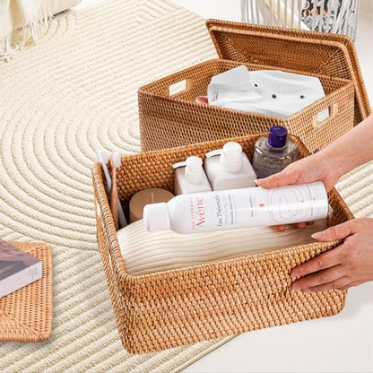 Rattan Basket with Lid, 11.81"×7.87"×5.91", Handwoven Storage | Handwoven from natural rattan | Durable & sturdy lid | Stackable design | Ages beautifully over time - size: 11.81"×7.87"×5.91"
