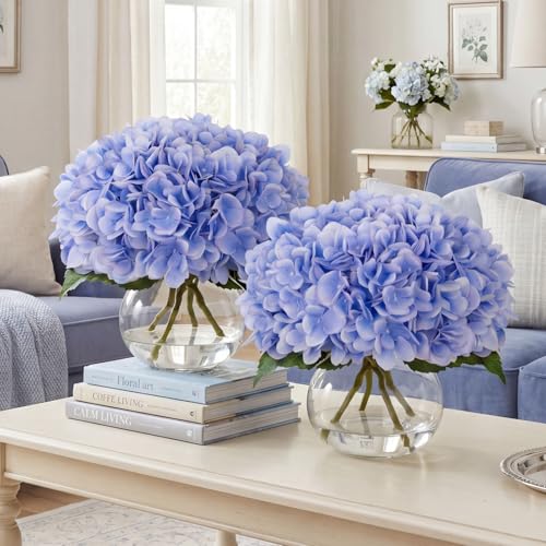 Blue 2 Pack Artificial Hydrangeas Flowers Fake Silk Flowers with 2 Glass Vases, Faux Hydrangea Bouquets for Wedding Centerpieces, Floral Arrangements, Bathroom Decor, Floral Arrangement - color: Blue