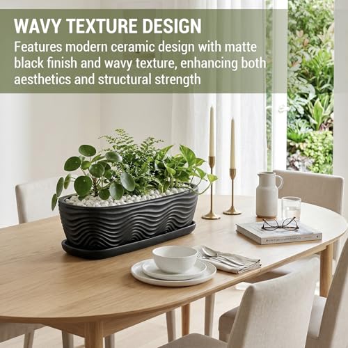 MyGift 13.5 inch Succulent Planter Pot, Oval Modern Ceramic Plant Box Container with Wave Textured Pattern and Removable Saucer Drip Tray (Black) - color: Black