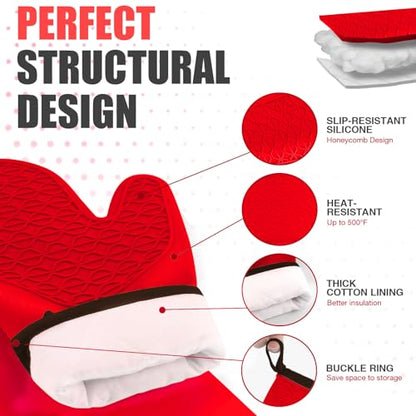 Silicone Oven Mitts, Heat Resistant 2PCS Oven Mitts with Soft Cotton Lining, Waterproof Non-Slip Grip Oven Glove, Kitchen Potholder Mits for BBQ, Baking, Cooking, 12.5 Inch - Red - color: Red