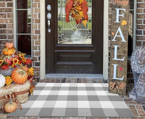 Front Door Mat Outdoor 24"x35"Grey and White Buffalo Plaid Outdoor Rug | Machine Washable Hand-Woven Cotton Layered Doormat Farmhouse Entryway Rug For Front Decor - color: Grey Buffalo, size: 24''x 35''