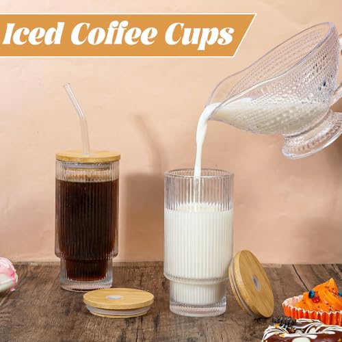 4 Pcs 15 Oz Glass Cups With Bamboo Lid And Straw, Clear Vintage Ribbed Drinking Glass Tumbler, Iced Coffee Cups For Juice, Cocktail, Beer, and Water