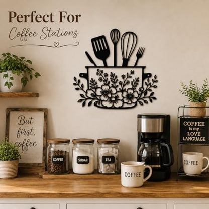 Yoanxong Kitchen Wall Decor Metal Art, Black Farmhouse Kitchen Decor with Floral Utensil Design, Rustic Kitchen Wall Art Hanging Sign for Dining Room, Coffee Bar, Home Decorations