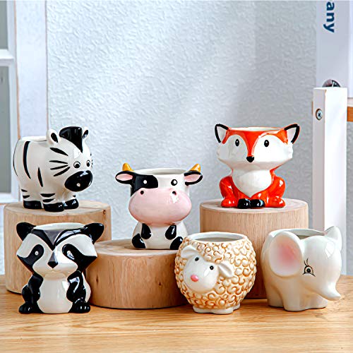 Cute Succulent Planter, Succulent Pots with Drainage Hole Flower Plant Pot | Cartoon Ceramic Tiny Pot for Indoor Mini Flower Planters Cactus Container Set of 6 - color: Elephant/Panda/Fox/Cow/Sheep/Zebra