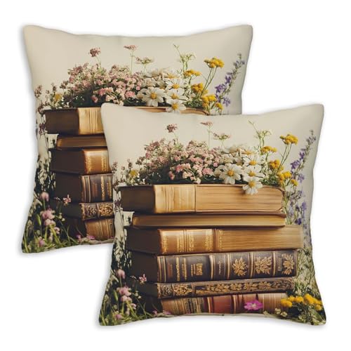 Vintage Book Floral Throw Pillow Covers 18x18 Set of 2 | Cottagecore Rustic Decorative Cushion Covers for Couch Sofa Living Room | Aesthetic Books Flower Pillowcases for Bedroom Home Decor - color: Books Flowers